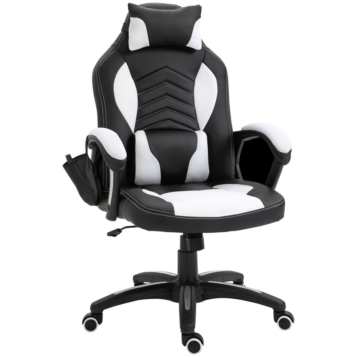 Massage Chair Gaming Chair Office Chair With Heat Function, 6 Vibration Points, Massage Function, Pu, Black + White, 68X69X108-117Cm