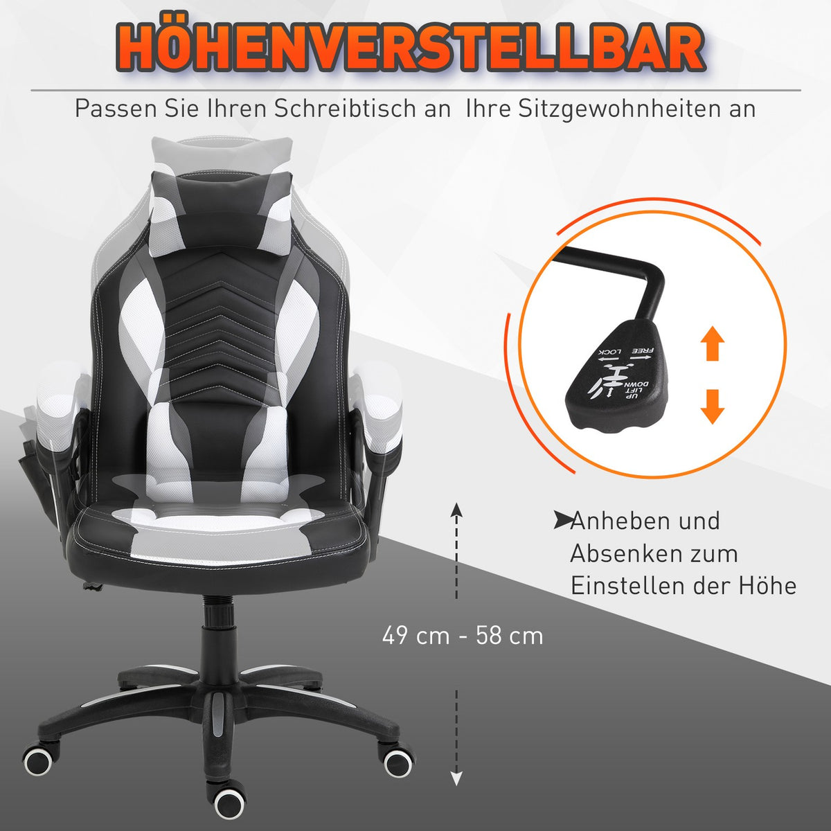 Massage Chair Gaming Chair Office Chair With Heat Function, 6 Vibration Points, Massage Function, Pu, Black + White, 68X69X108-117Cm