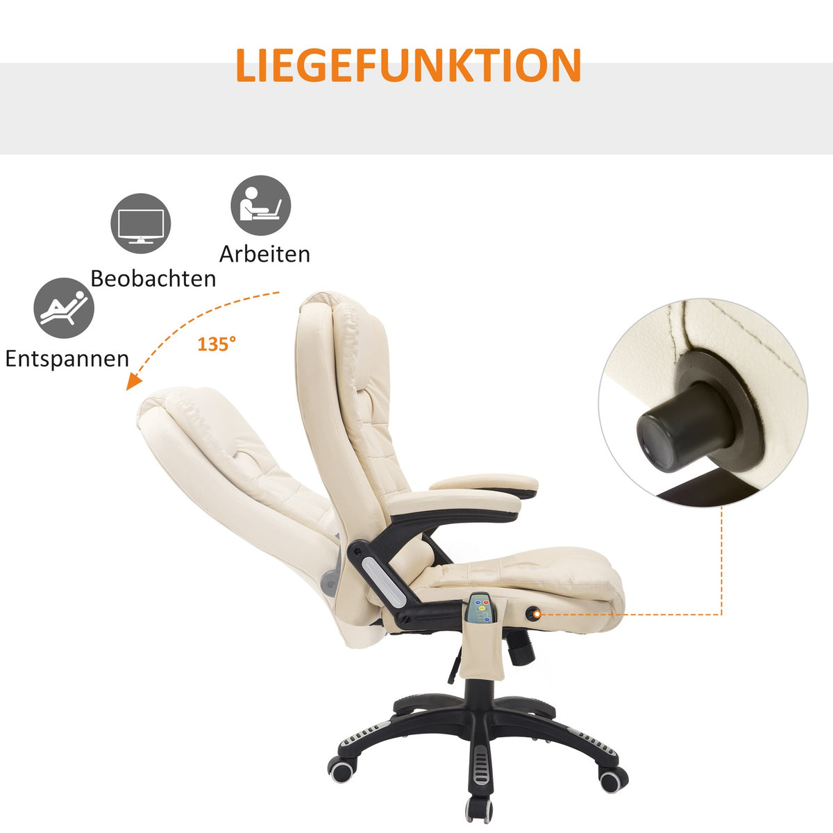 Massage Chair, Office Chair, Executive Chair With 6-Point Vibration Massage And Heat Function, Faux Leather, Rotatable, Beige