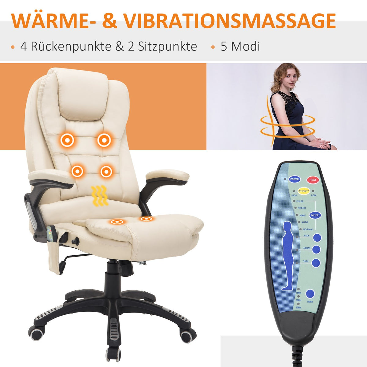 Massage Chair, Office Chair, Executive Chair With 6-Point Vibration Massage And Heat Function, Faux Leather, Rotatable, Beige