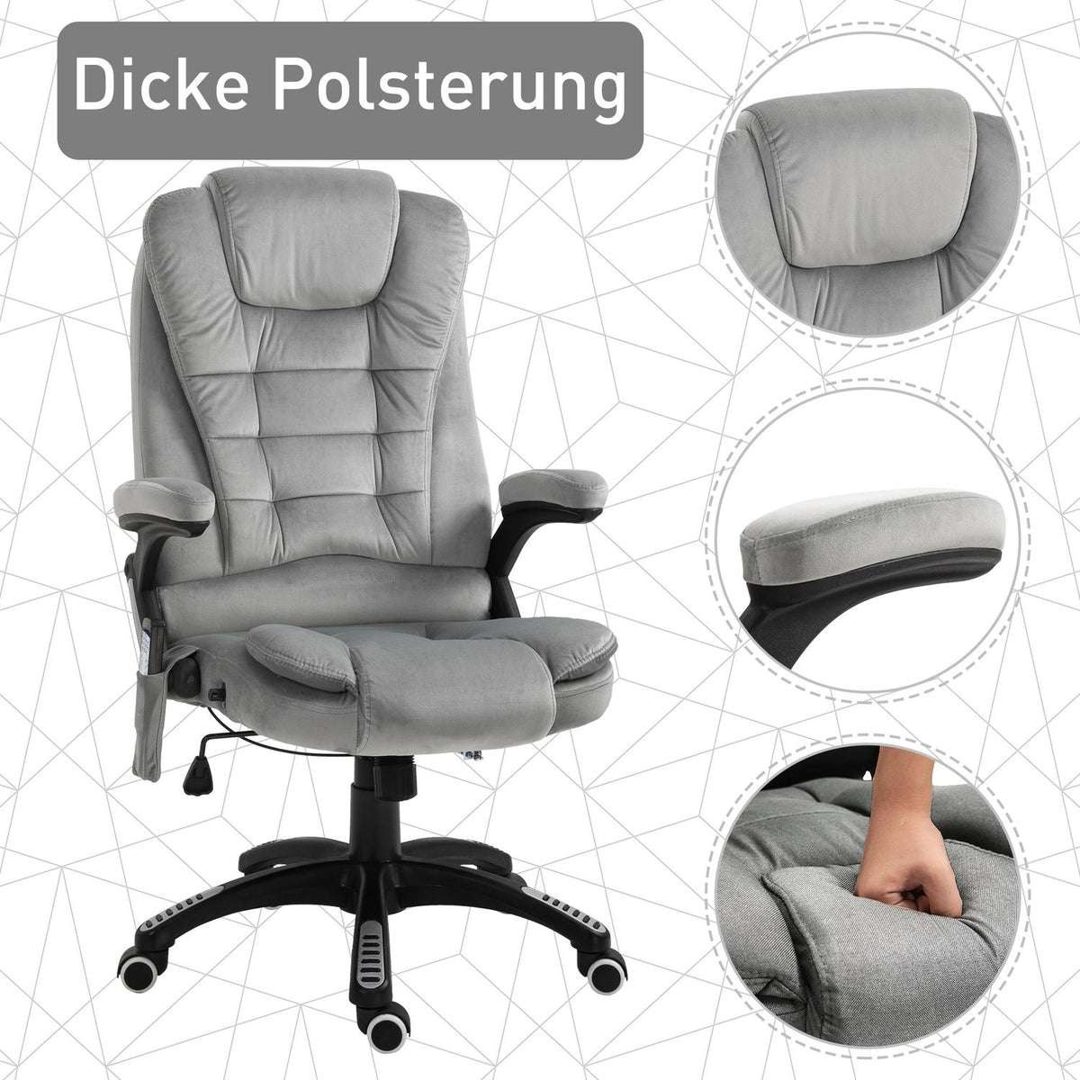 Massage Chair Office Chair, Gaming Chair, Height-Adjustable Executive Chair, Ergonomic, Pu Wheels, Gray, 67X74X107-116 Cm
