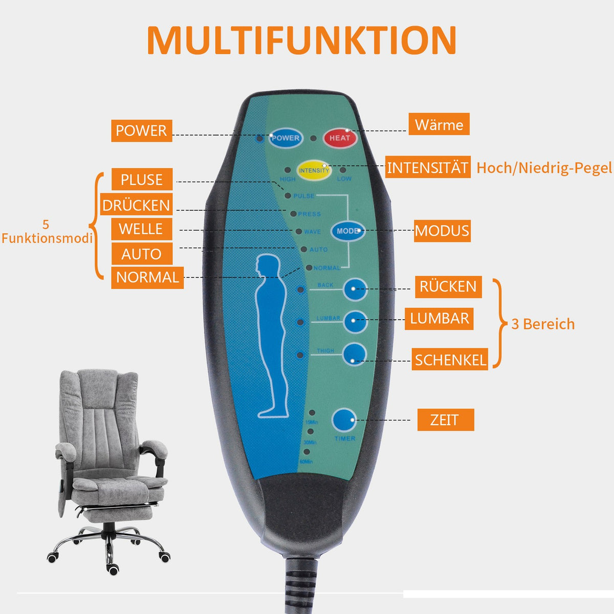 Massage Chair Office Chair Massage Chair Heating Function Reclining Function Massage Function Footrest Thick Padding Gray 62 X 67 X 113-120 Cm