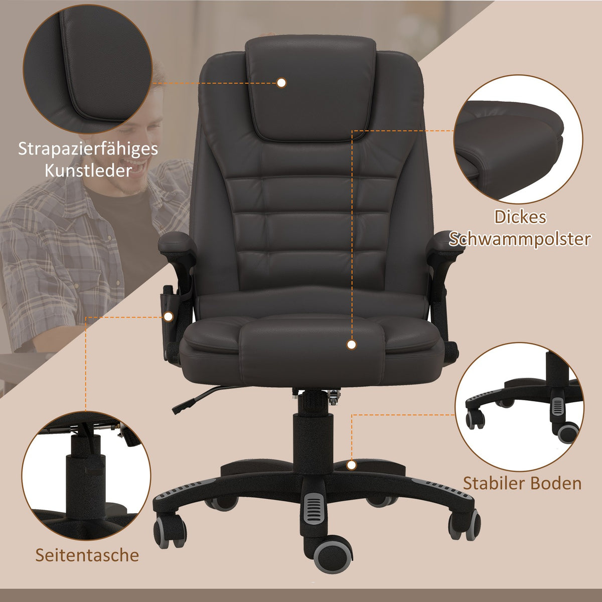 Massage Chair Office Chair Office Chair Executive Chair Gaming Chair 6 Point Vibration Massage With Heat Function Faux Leather Leather Chair Rotatable (Brown)