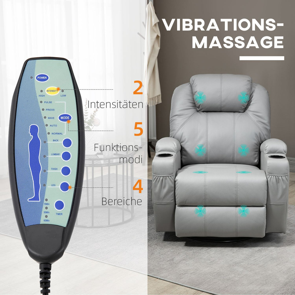 Massage Chair, Relaxation Chair With Rocker Function, Recliner With Remote Control, Rotating Tv Chair With Reclining Function, Massage Function, Faux Leather, Gray