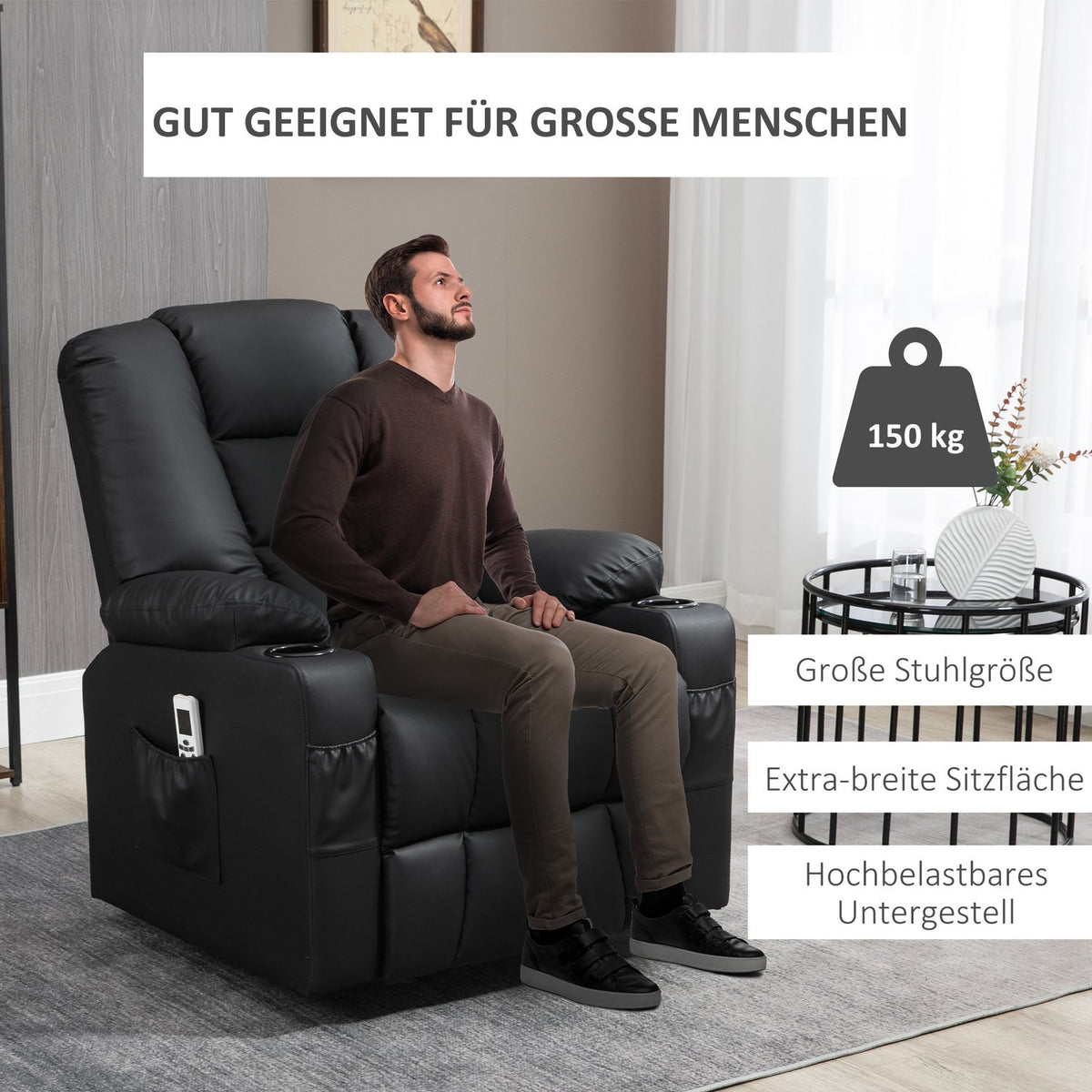 Massage Chair, Relaxation Chair With Stand-Up Aid, Tv Chair With Usb Port, With Reclining Function, Wheels, Remote Control, Up To 150 Kg, Black
