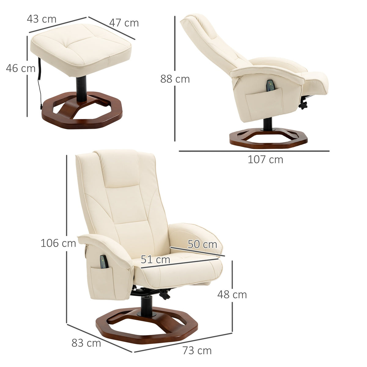Massage Chair, Relaxation Lounger With Footstool, Tv Chair, Lounge Chair, 360° Rotatable, Faux Leather, Steel, Cream White + Brown, 73 X 83 X 106 Cm