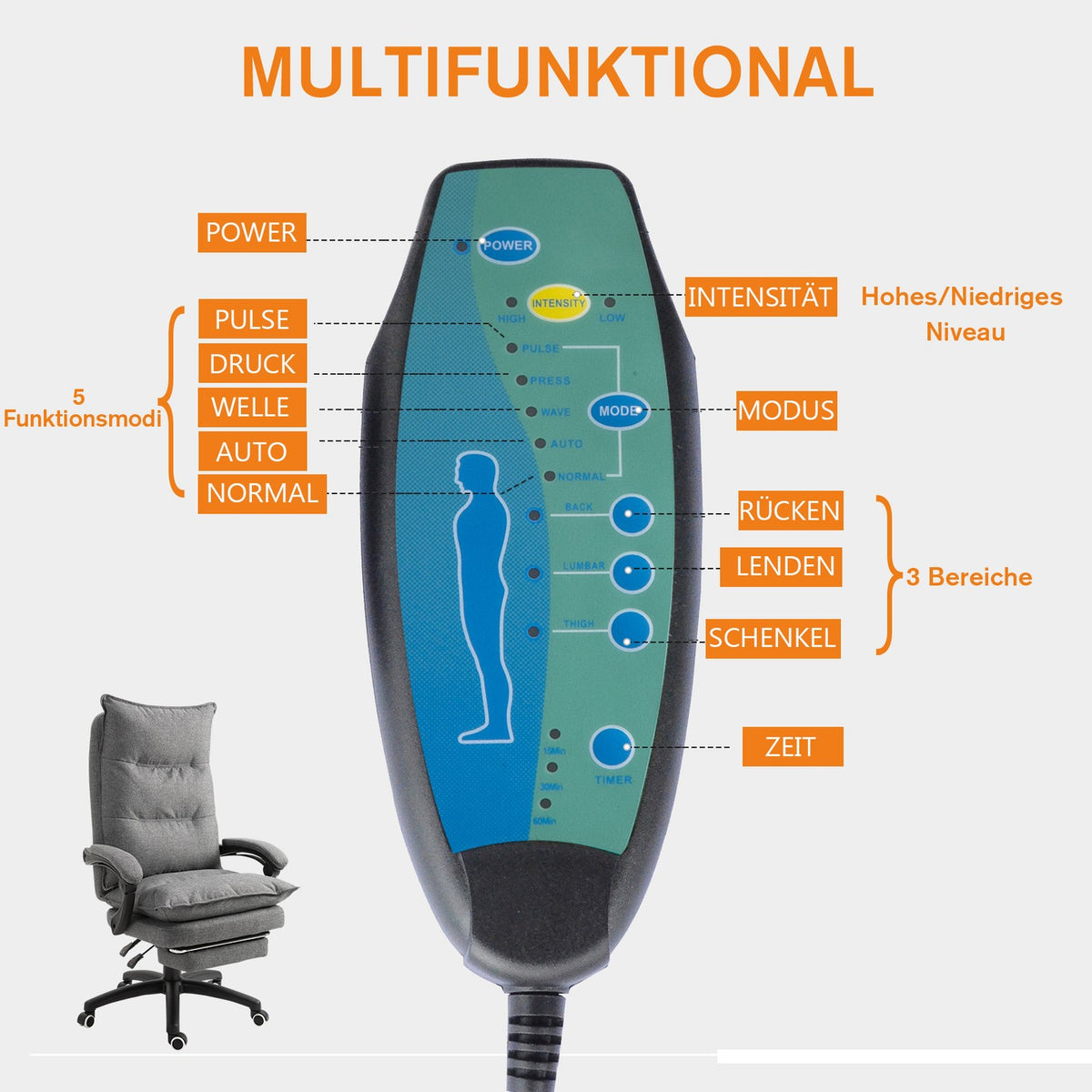 Massage Chair Swivel Chair, Gaming Chair, Office Chair, Ergonomic Desk Chair, Height Adjustable, Nylon, Gray, 70X62X120-130Cm