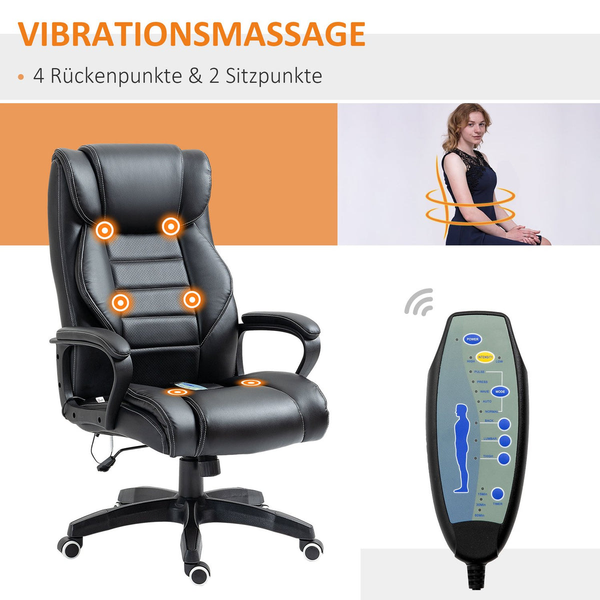 Massage Chair Swivel Chair Height-Adjustable Ergonomic Gaming Chair Computer Chair 6 Vibration Points Linen Feel Adjustable Black