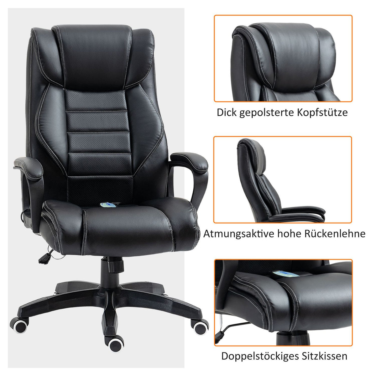 Massage Chair Swivel Chair Height-Adjustable Ergonomic Gaming Chair Computer Chair 6 Vibration Points Linen Feel Adjustable Black