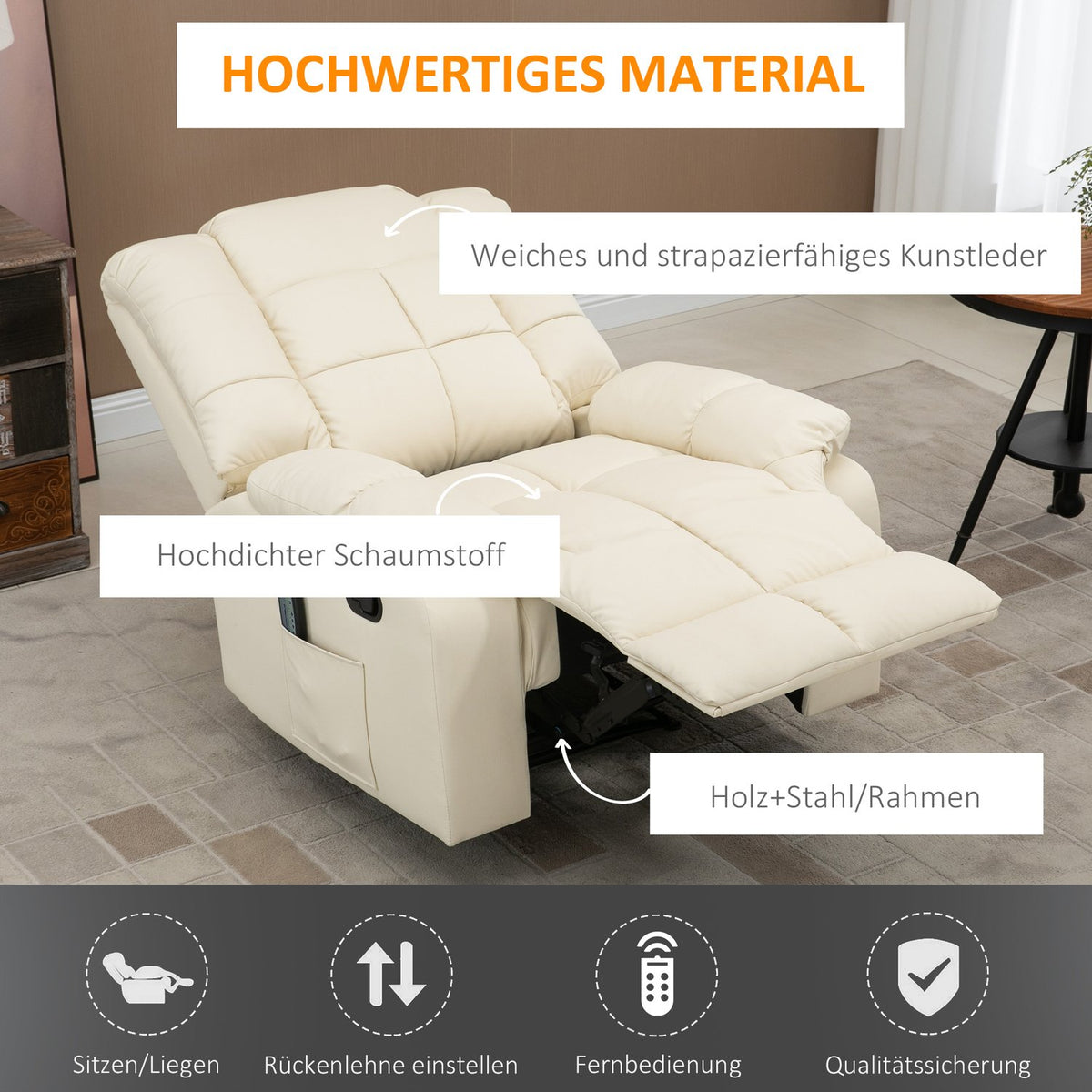 Massage Chair, Tv Chair, Electric Relaxation Chair With Massage Function, Faux Leather, Wood, Steel, Foam, Cream White, 94 X 99 X 99 Cm