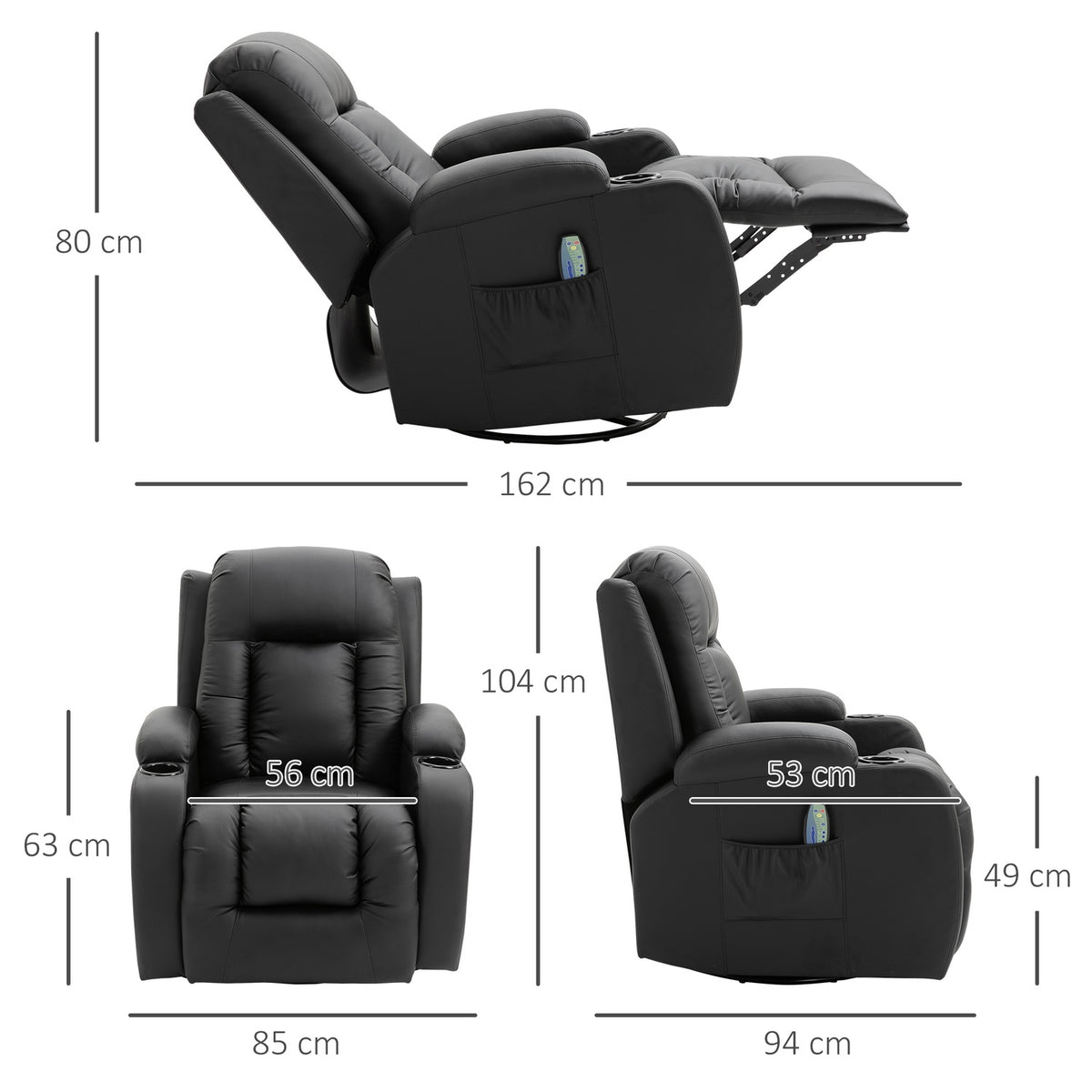 Massage Chair, Tv Chair, Relaxation Chair With Heat Function, Tv Chair With Reclining Function, Recliner With Remote Control, Cup Holder, Black