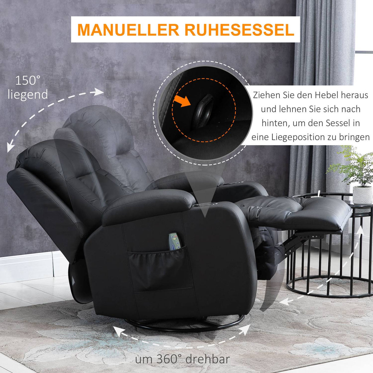 Massage Chair, Tv Chair, Relaxation Chair With Heat Function, Tv Chair With Reclining Function, Recliner With Remote Control, Cup Holder, Black