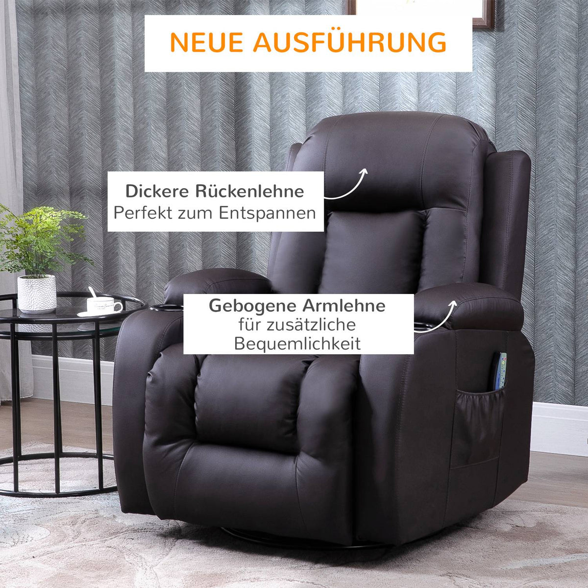 Massage Chair, Tv Chair With Heat Function, Tv Chair With Reclining Function, Cup Holder, Coffee Brown