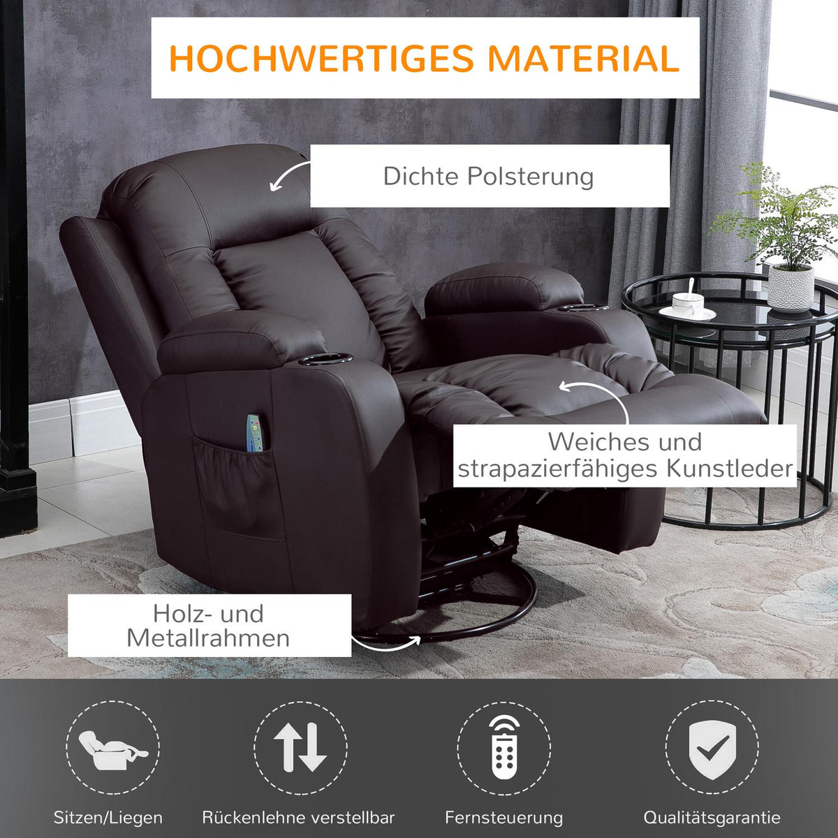 Massage Chair, Tv Chair With Heat Function, Tv Chair With Reclining Function, Cup Holder, Coffee Brown