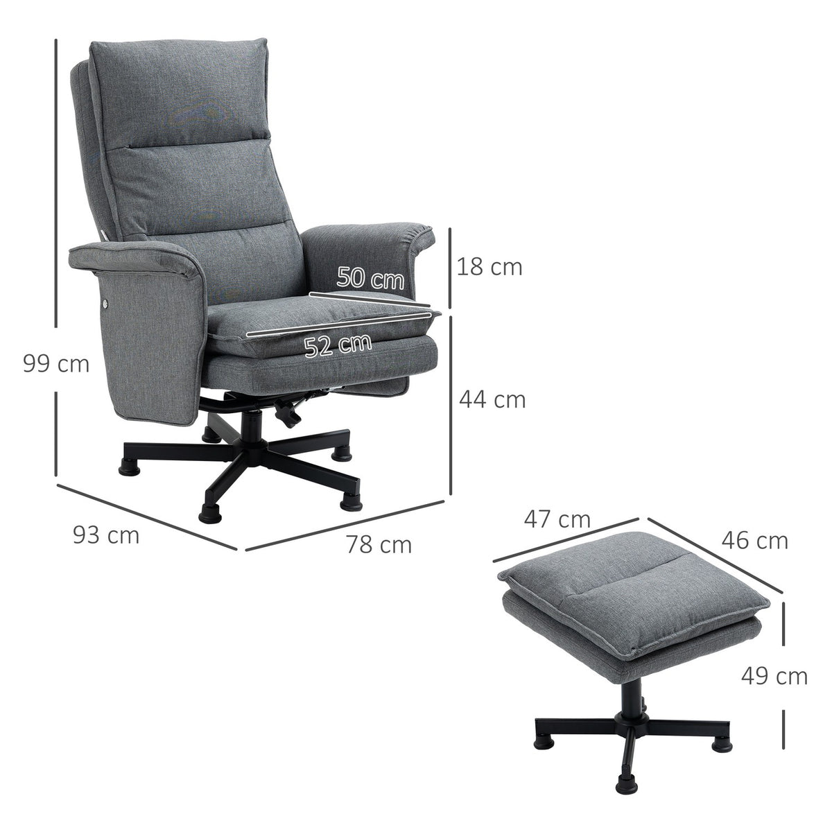 Massage Chair With Footstool, Electric Tv Chair With Massage Function, Remote Control, Swivel Relaxation Chair With Linen Look, Steel, Grey
