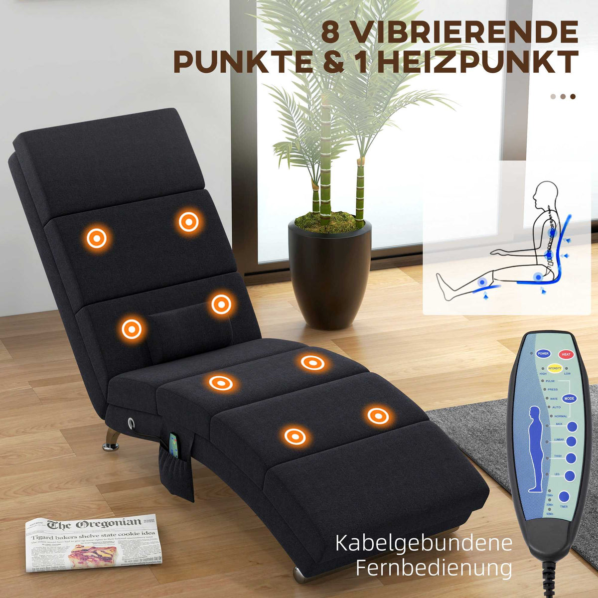 Massage Chair with 8 Vibration Points, 5 Modes, Black