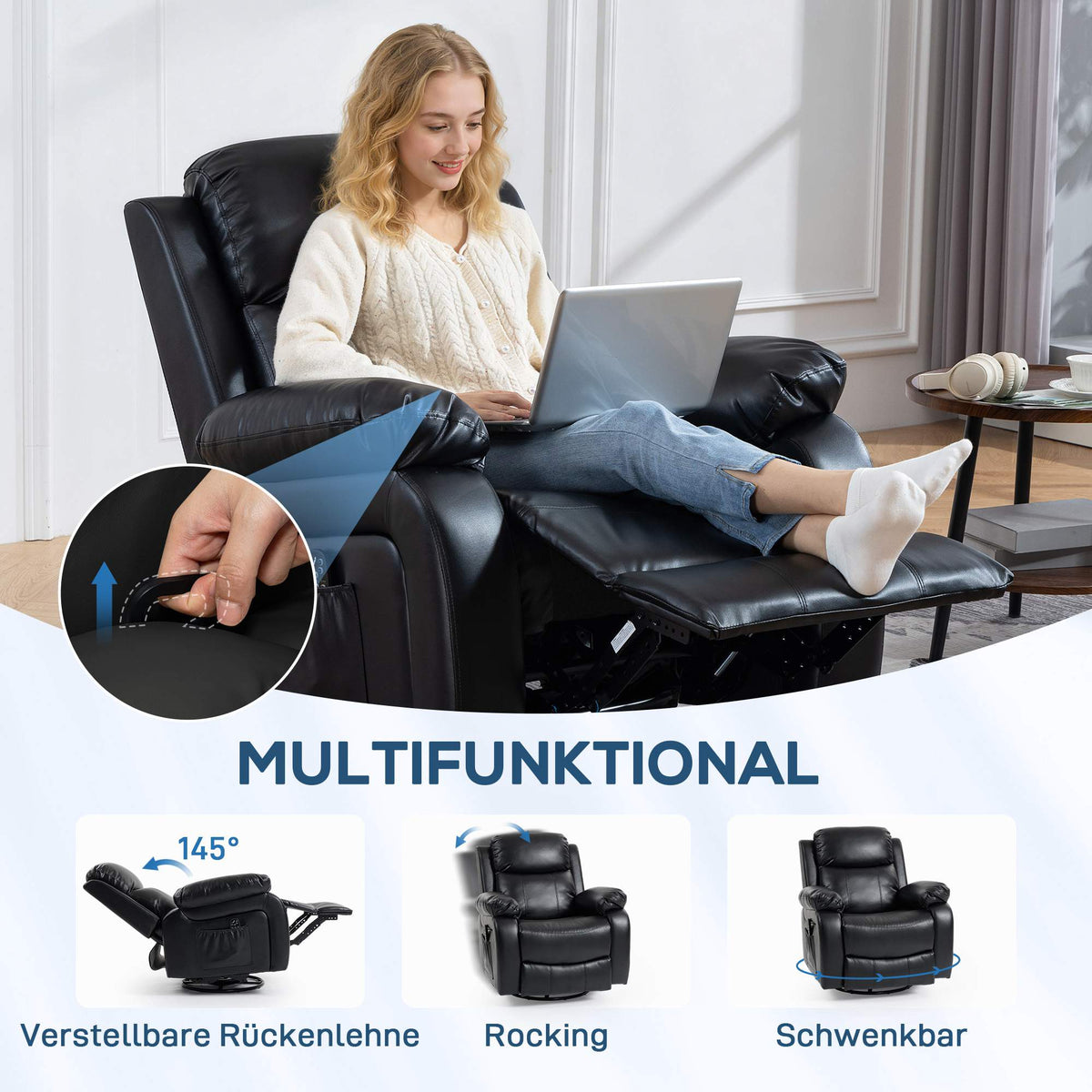 Massage Chair with 8 Vibration Points, Reclining, Black