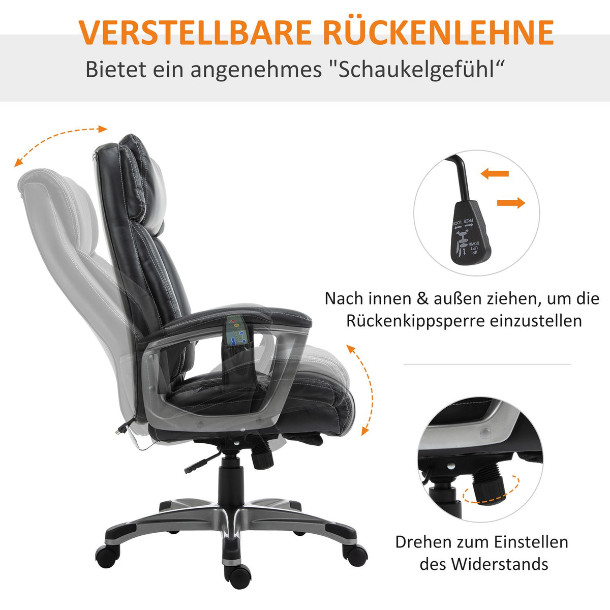 Massage Office Chair 6-Point Massage Swivel Chair Faux Leather With Headrest Black 70X76.5X114-124Cm