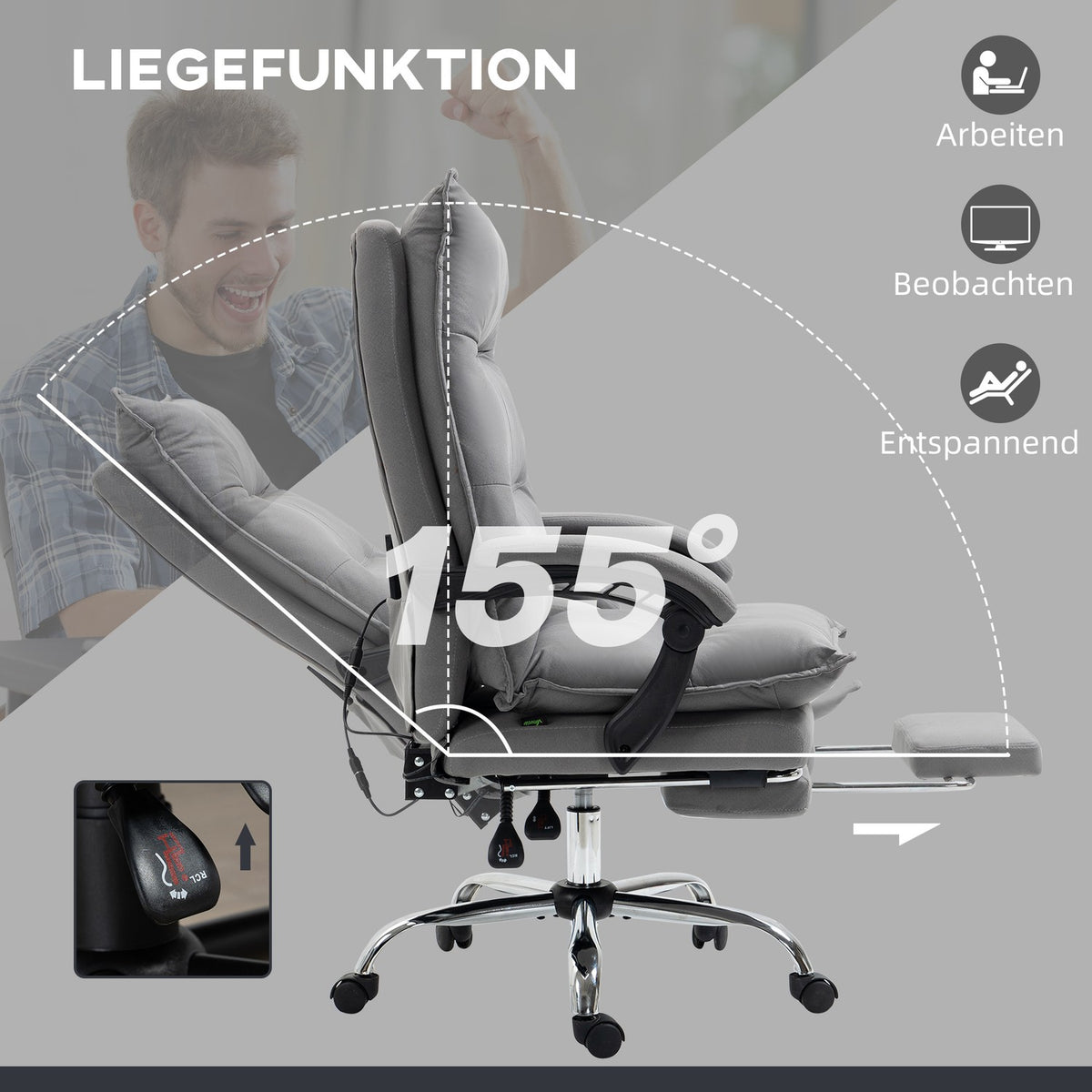Massage Office Chair Desk Chair With Rocker Function, Height Adjustable 114-121.5Cm, Heating Function, Footrest, Reclining Function