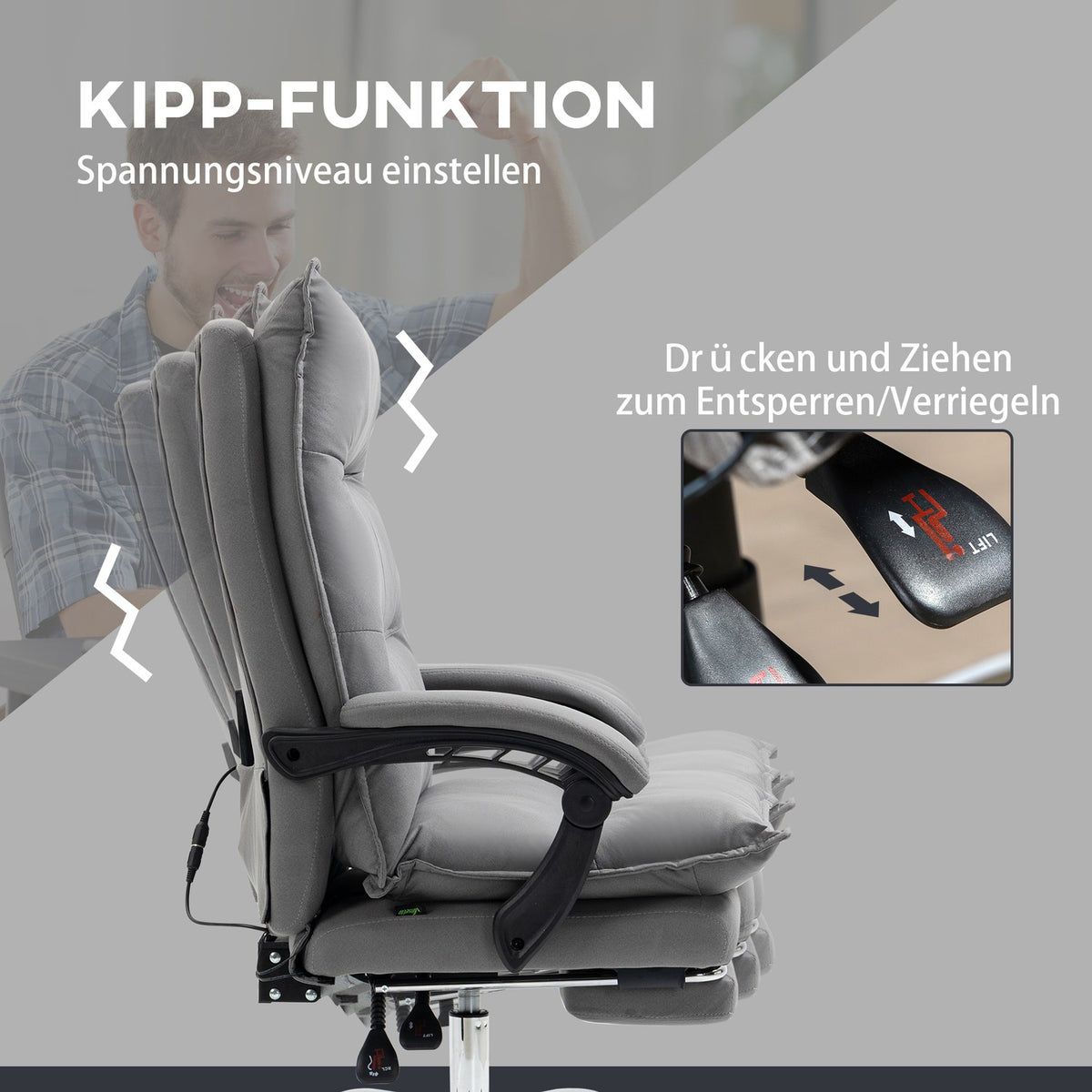 Massage Office Chair Desk Chair With Rocker Function, Height Adjustable 114-121.5Cm, Heating Function, Footrest, Reclining Function