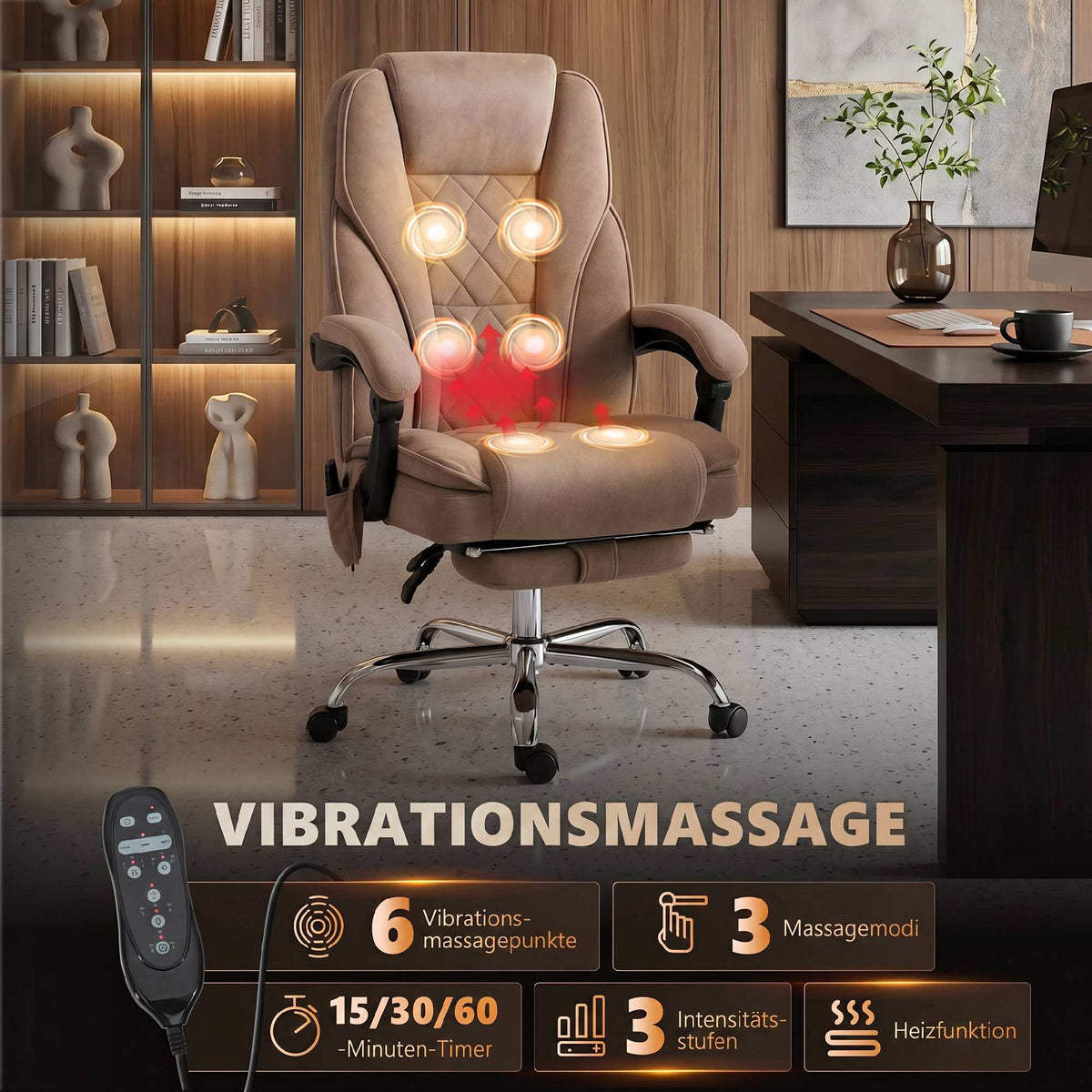 Massage Office Chair With Footrest, Brown, Lumbar Heat