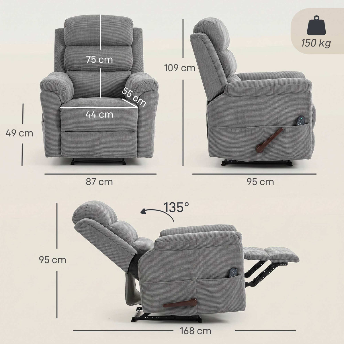Massage Recliner Chair with Heat, Adjustable Headrest, Grey