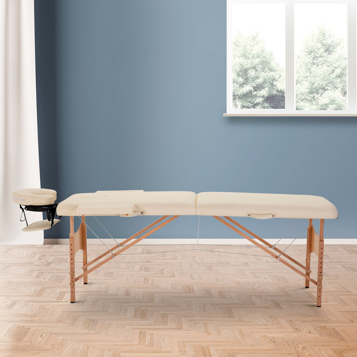 Massage Table, Folding Massage Table, Height Adjustable Massage Bench, Massage Bed with Headrest, for Spa, Salon, Faux Leather, Wood, Cream