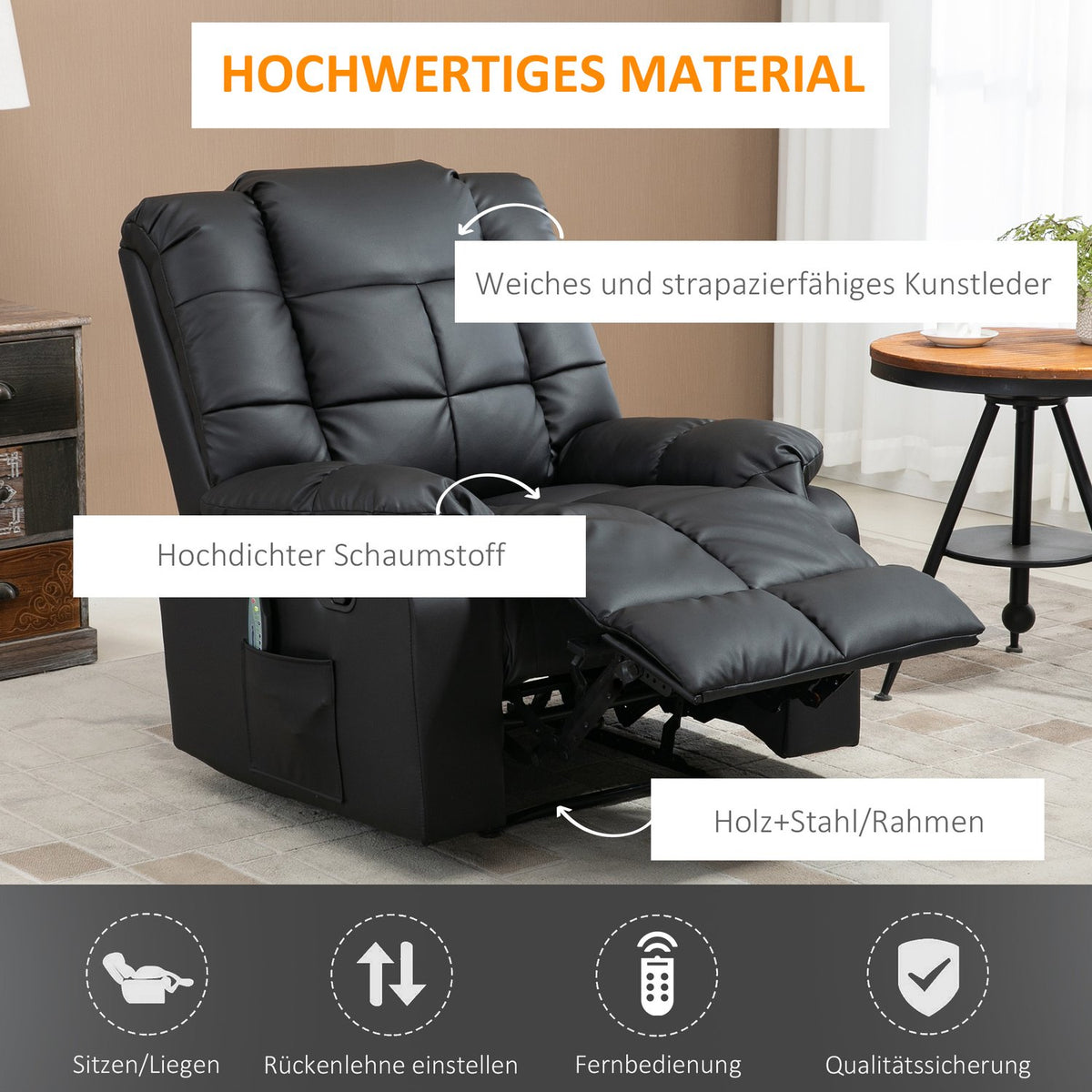 Massage chair, TV chair, electric relaxation chair with massage function, faux leather, wood, steel, foam, black, 94 x 99 x 99 cm