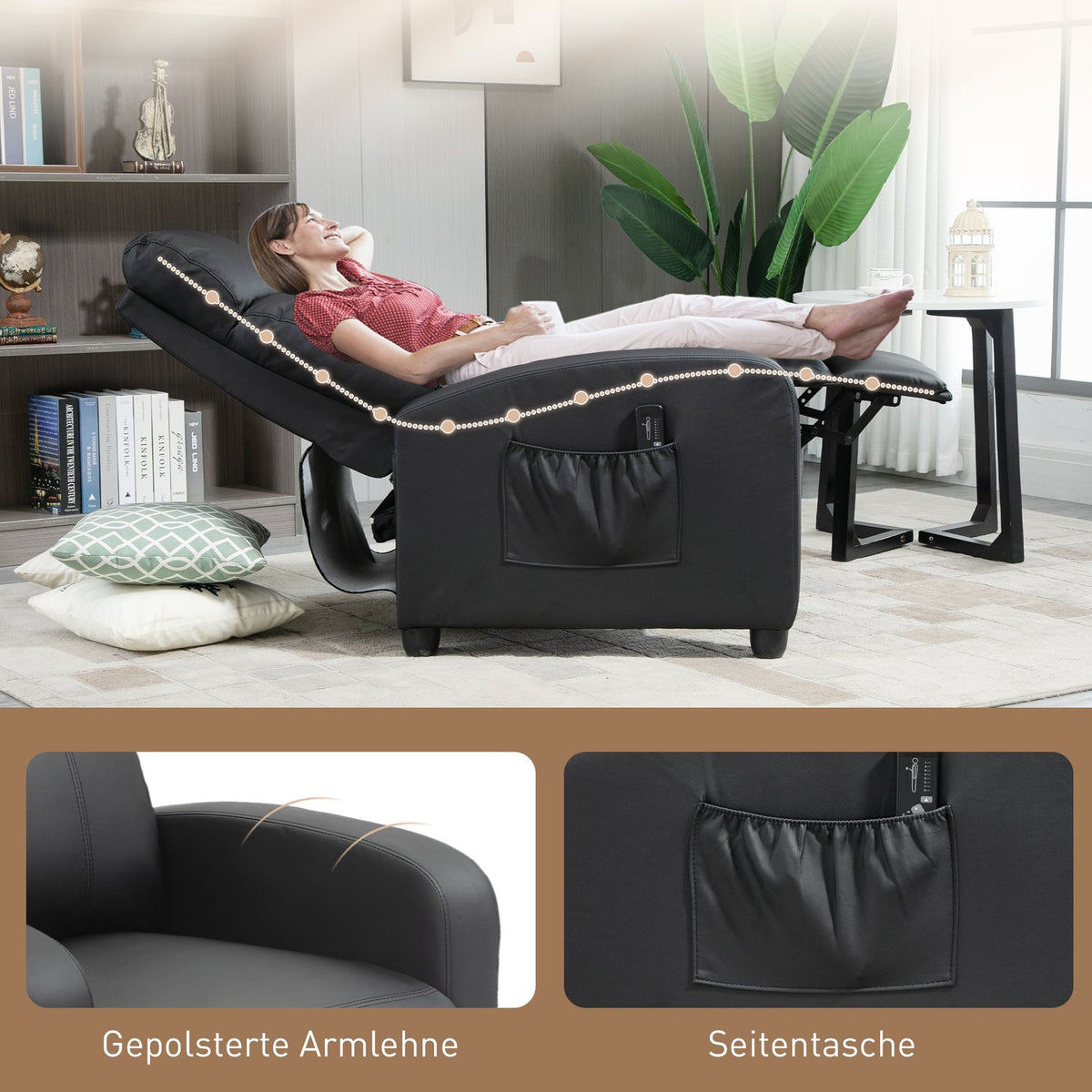 Massage chair, relaxation chair, TV chair, reclining chair with backrest, 2-point massage, PU foam, black, 68 x 88 x 98 cm