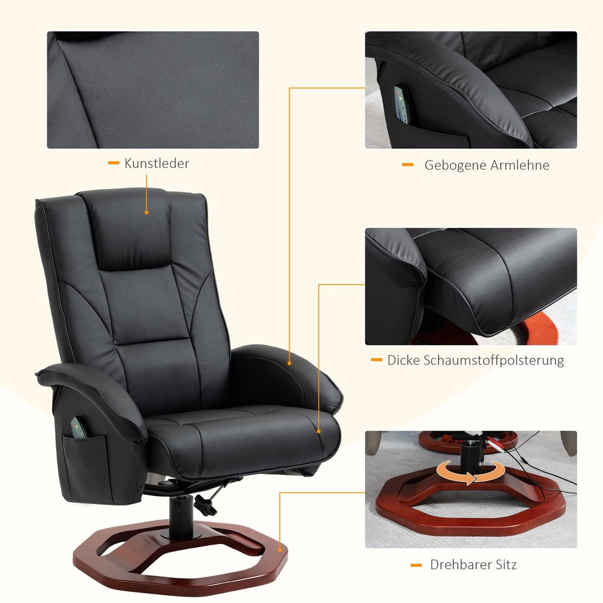 Massage chair, relaxation lounger with footstool, relaxation chair, reclining function, TV chair, lounge chair, 360° rotatable, faux leather, 73 x 83 x 106 cm
