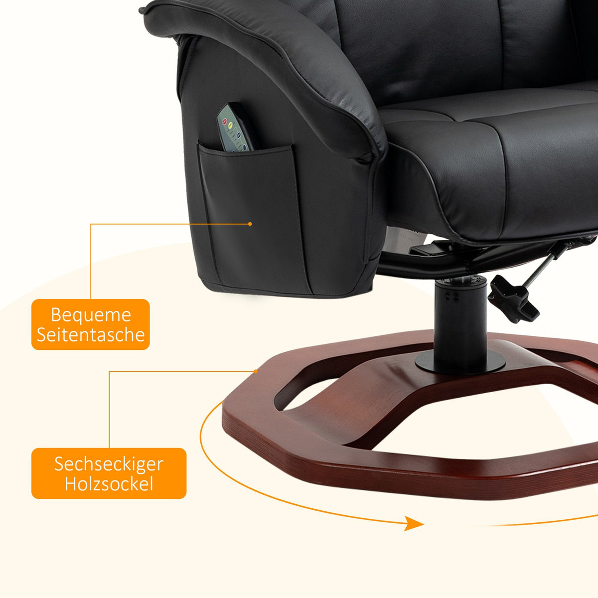 Massage chair, relaxation lounger with footstool, relaxation chair, reclining function, TV chair, lounge chair, 360° rotatable, faux leather, 73 x 83 x 106 cm