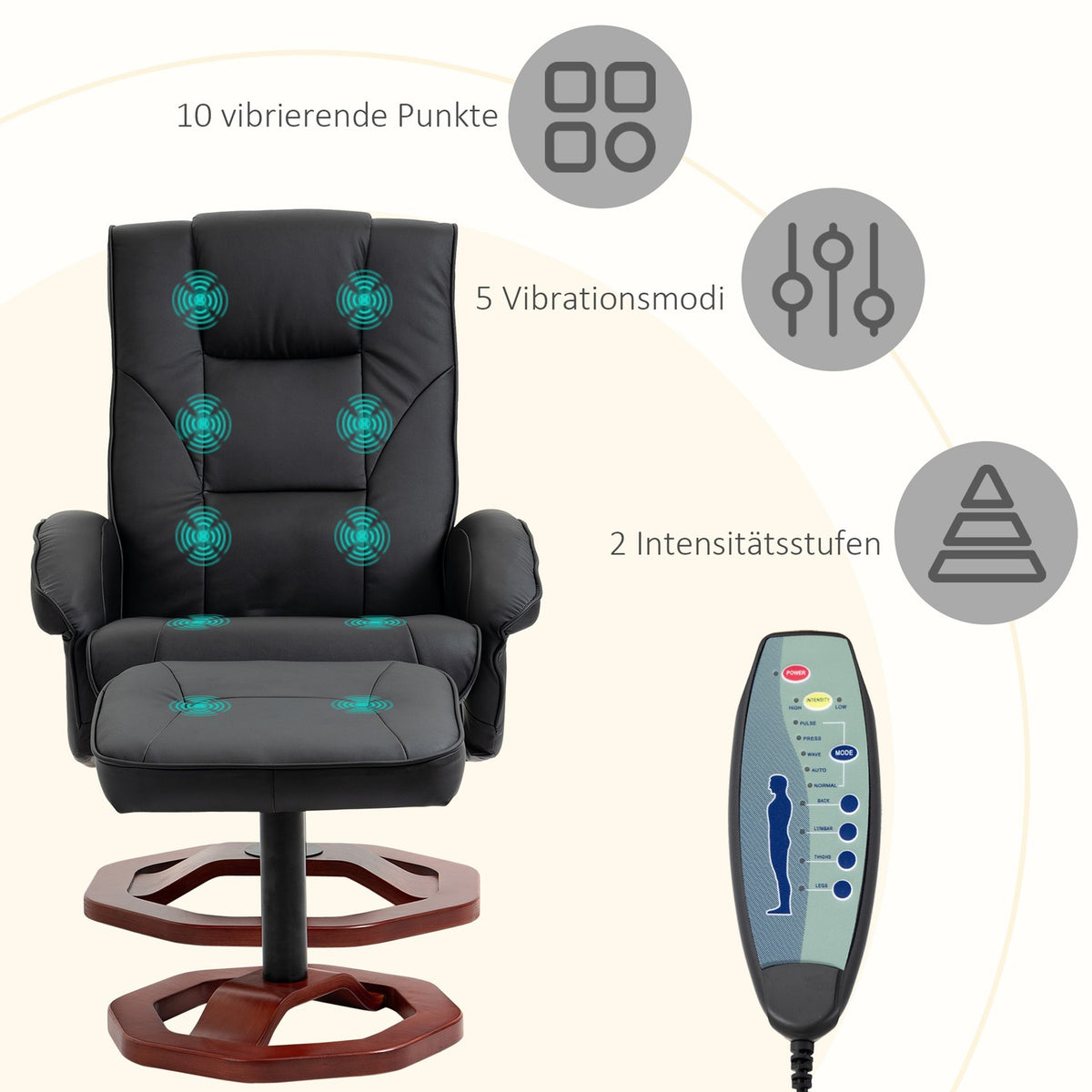 Massage chair, relaxation lounger with footstool, relaxation chair, reclining function, TV chair, lounge chair, 360° rotatable, faux leather, 73 x 83 x 106 cm
