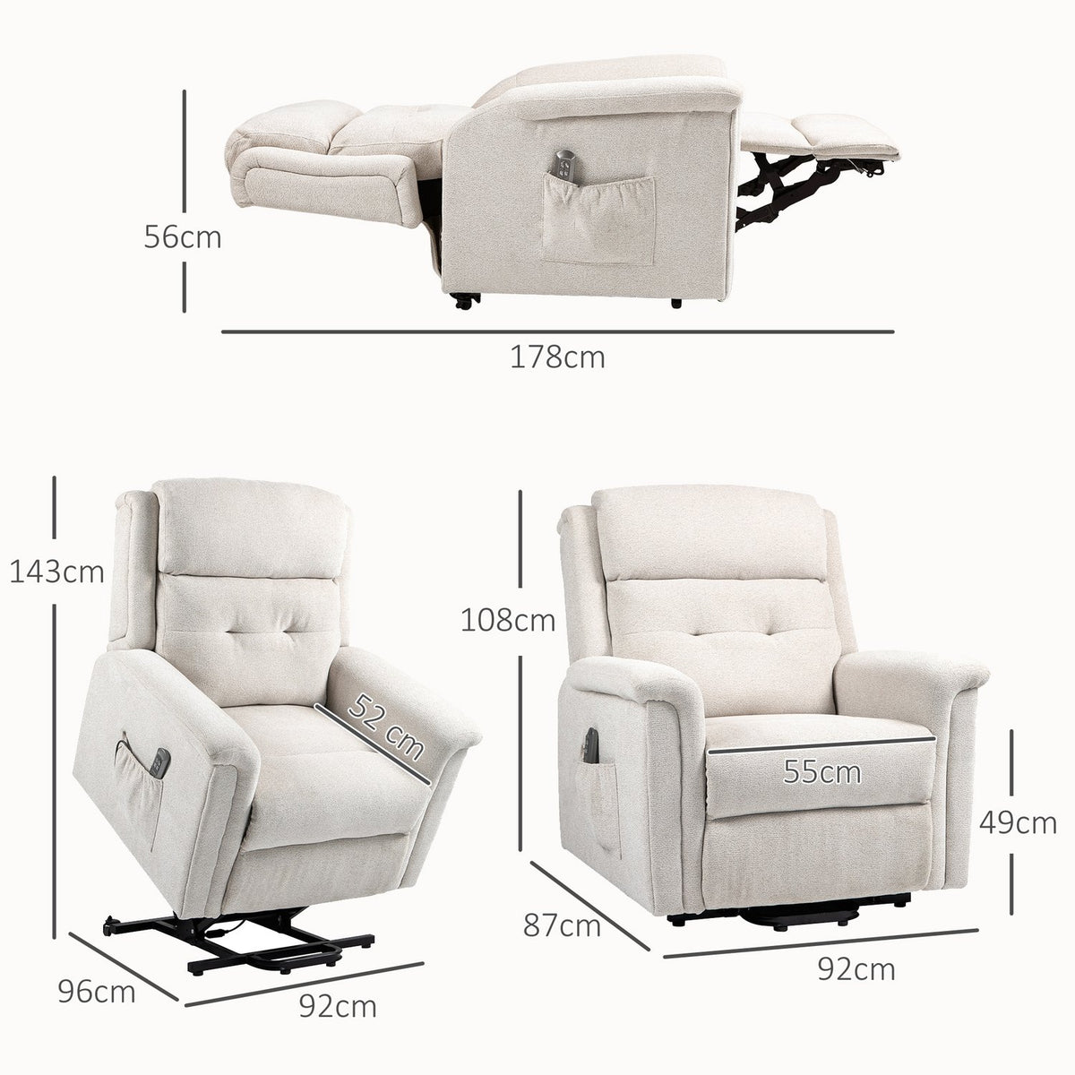 Massage chair stand-up aid, electric, 180° tiltable, with reclining function, remote control, side pocket, 92L x 87W x 108H cm, light grayAoso