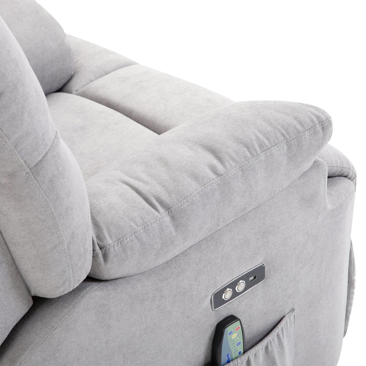 Massage chair with stand-up aid, relaxation chair, TV chair with heat function, adjustable angle, USB remote control, short plush, gray, 83x95x105 cm