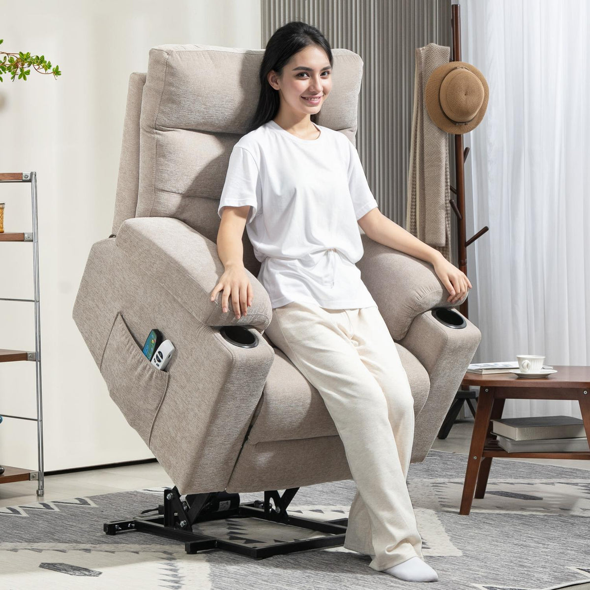 Massage chair with stand-up function, 8 vibration massage points, electric upholstered chair with 2 remote controls, light brown