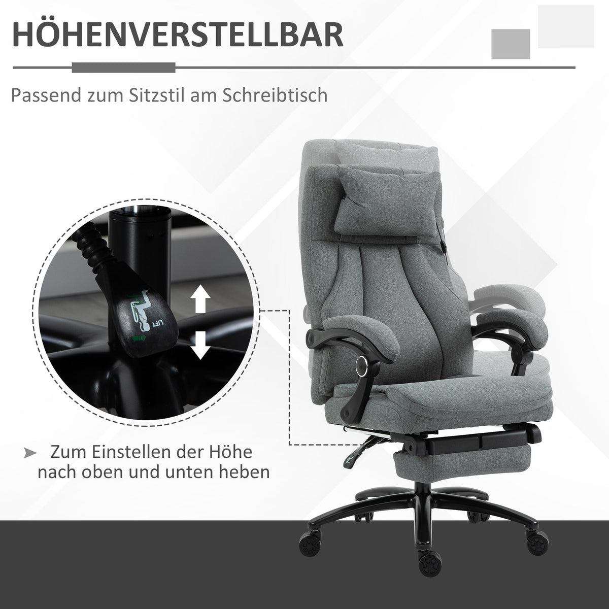 Massage office chair with reclining function, ergonomic desk chair, height adjustable, executive chair, gray