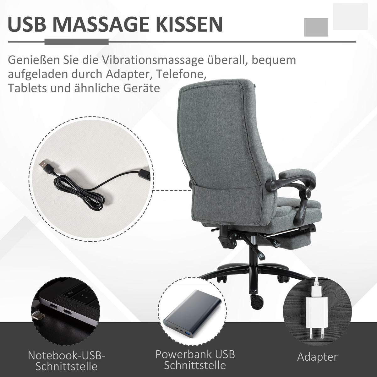Massage office chair with reclining function, ergonomic desk chair, height adjustable, executive chair, gray