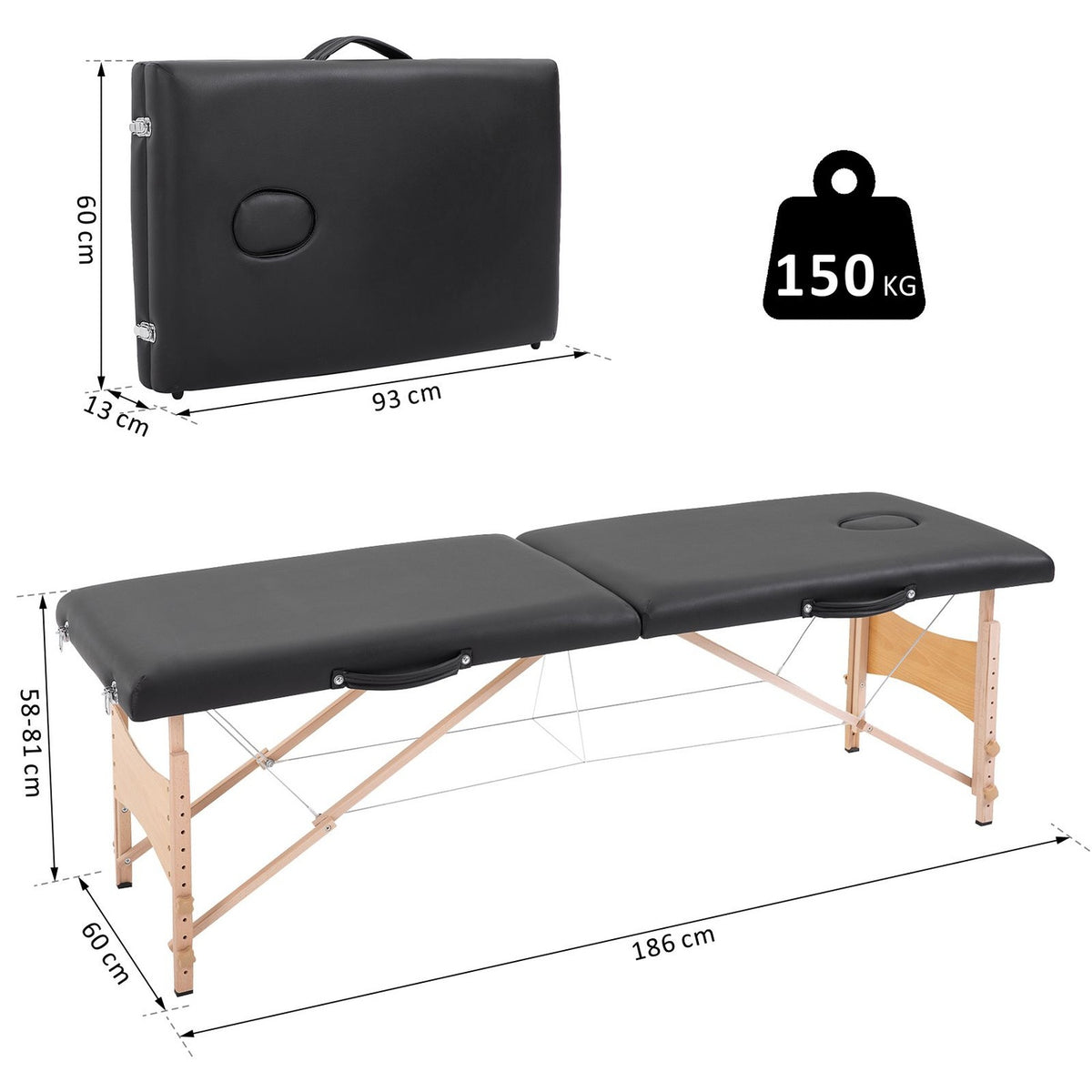 Massage table, mobile massage table, height adjustable, cosmetic bench, poplar wood, foam, black, 186 x 60 x 58-81 cm