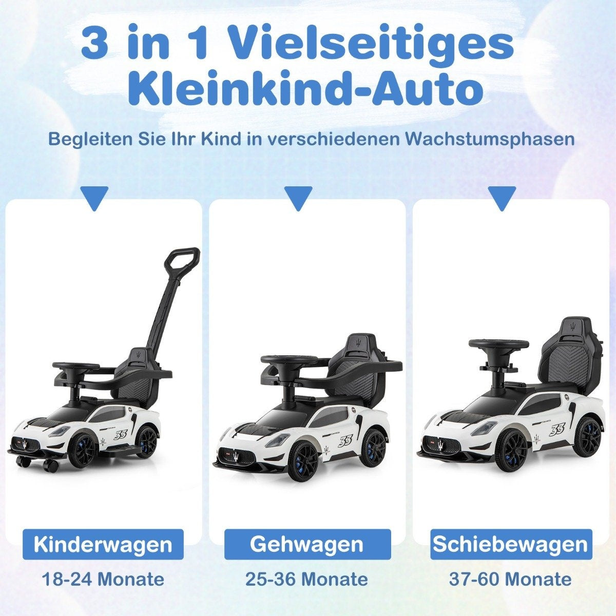 Mazerati ride-on car ride-on vehicle with protective bar & Push bar white