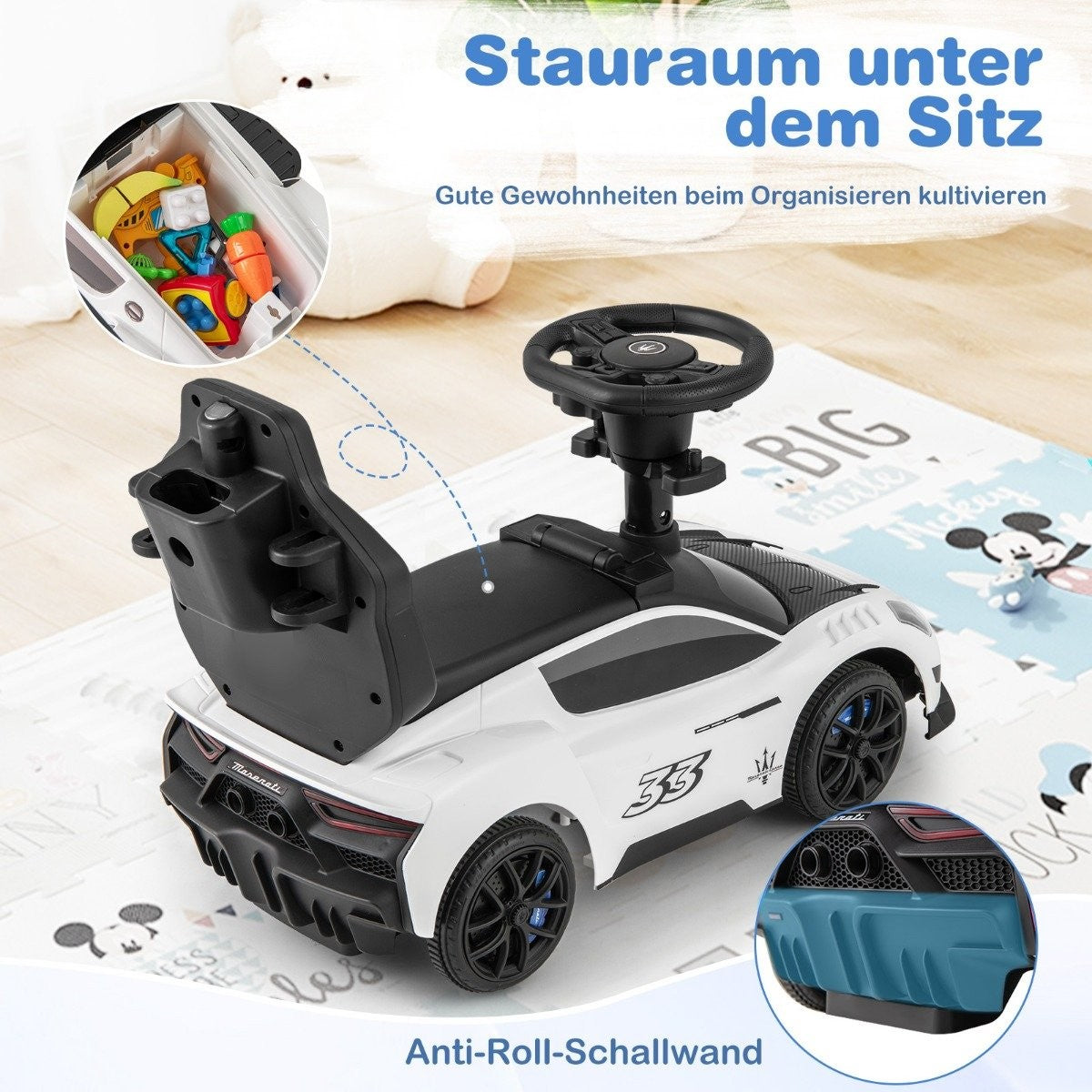 Mazerati ride-on car ride-on vehicle with protective bar & Push bar white