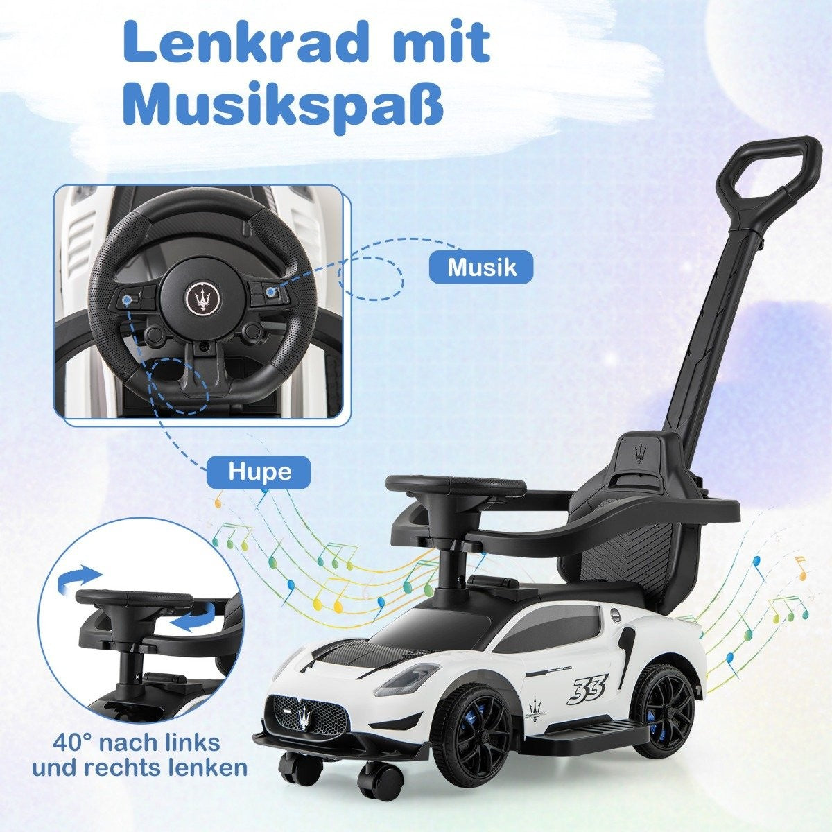 Mazerati ride-on car ride-on vehicle with protective bar & Push bar white