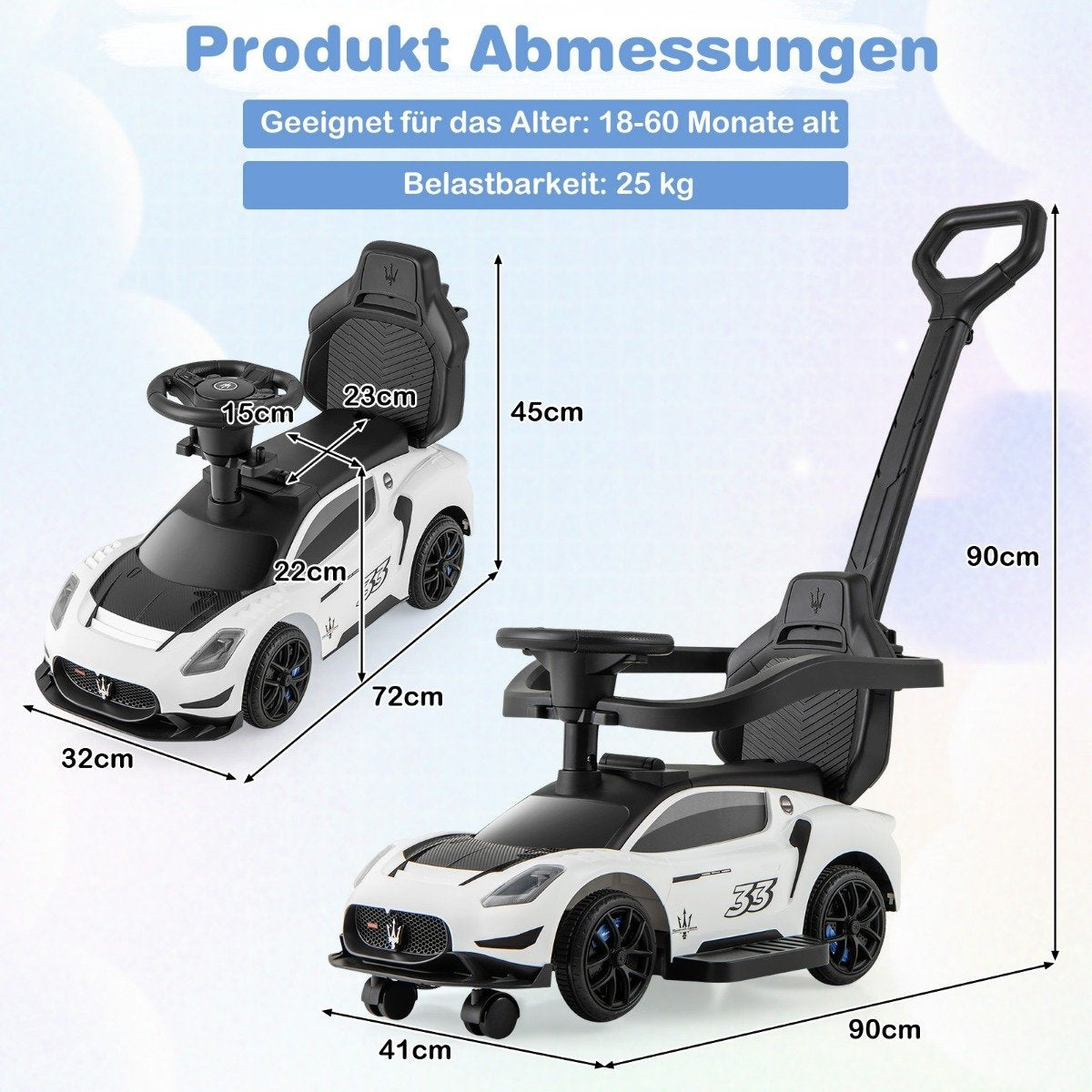 Mazerati ride-on car ride-on vehicle with protective bar & Push bar white