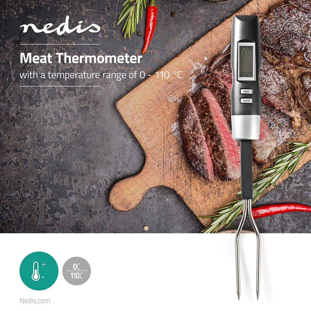 Meat thermometer | Temperature setting | LCD Screen | 0 - 110 °C | Silver / Black