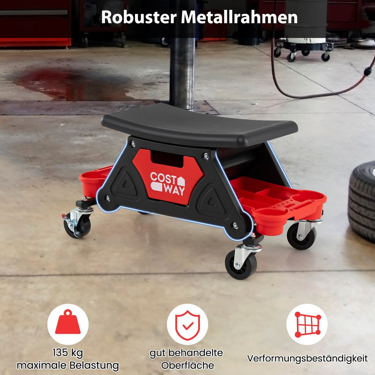 Mechanic Rolling Stool, Heavy-Duty, 135kg Capacity, Black