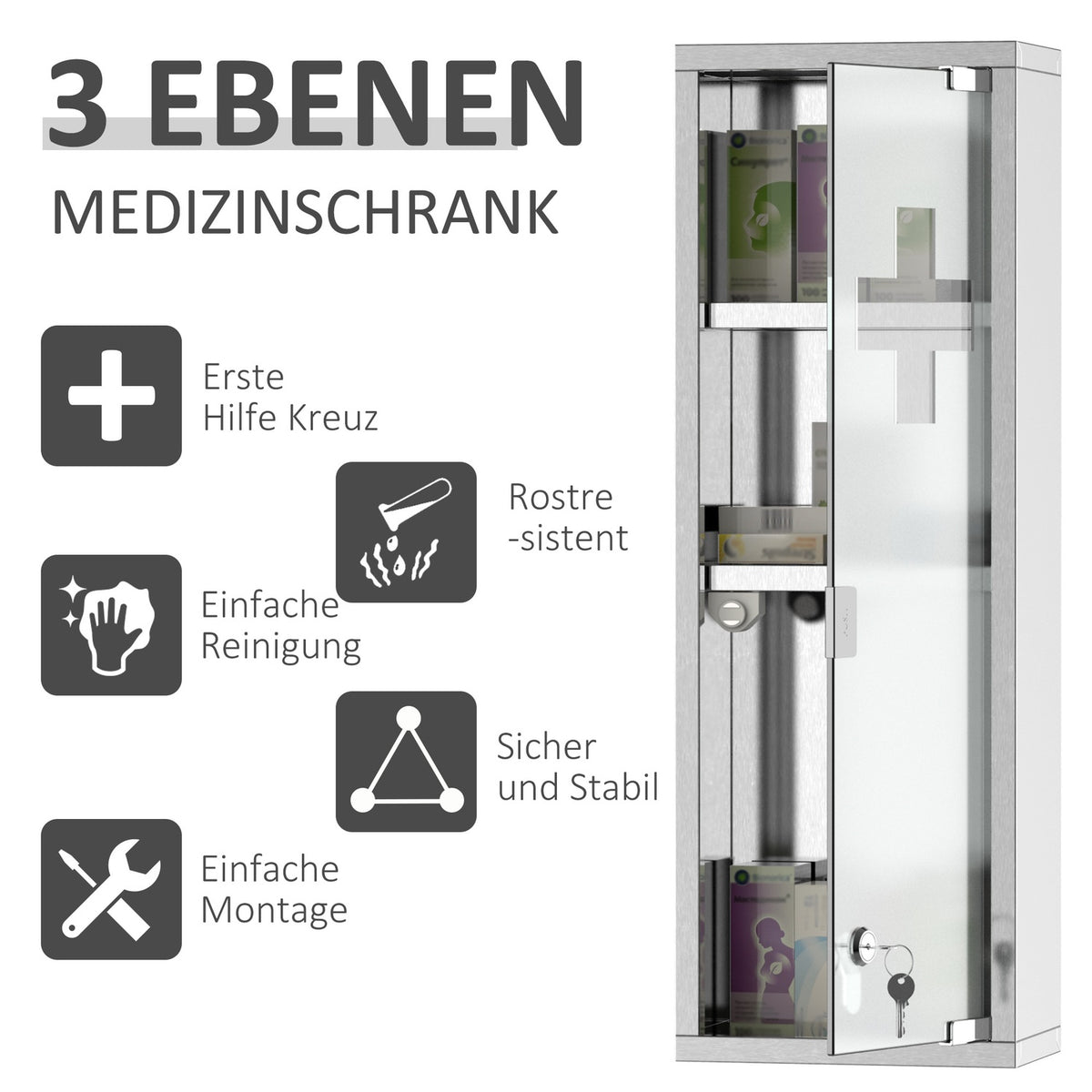 Medicine Cabinet First Aid Cabinet Frosted Glass Stainless Steel Silver 20X12X58Cm