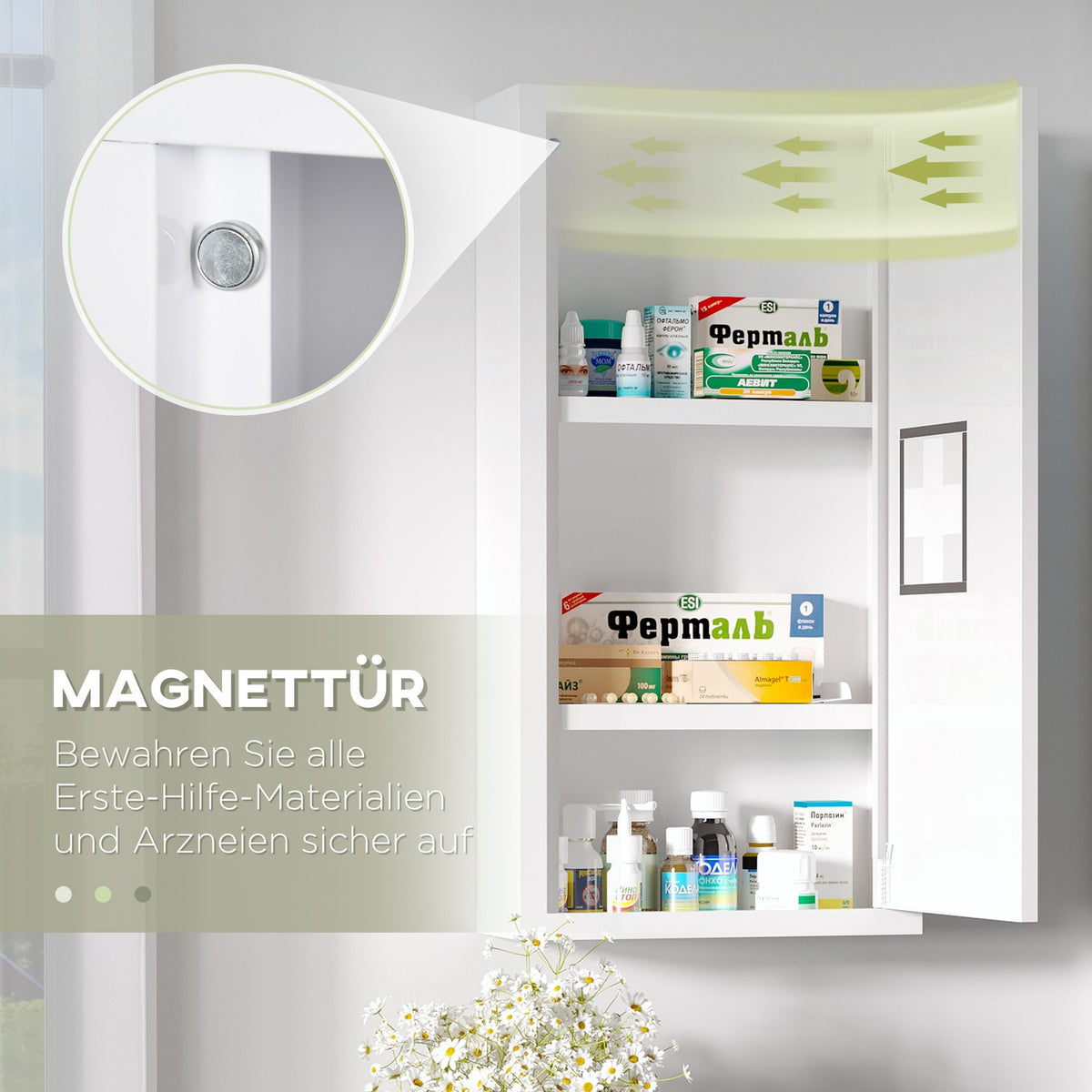 Medicine Cabinet First Aid Cabinet In White With 3 Inner Compartments & Magnetic Closure, For Medication, 40X15X53.5 Cm