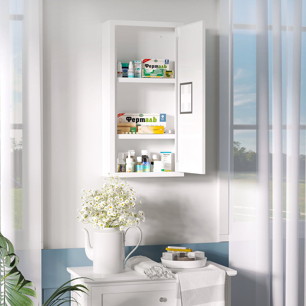 Medicine Cabinet First Aid Cabinet In White With 3 Inner Compartments & Magnetic Closure, For Medication, 40X15X53.5 Cm