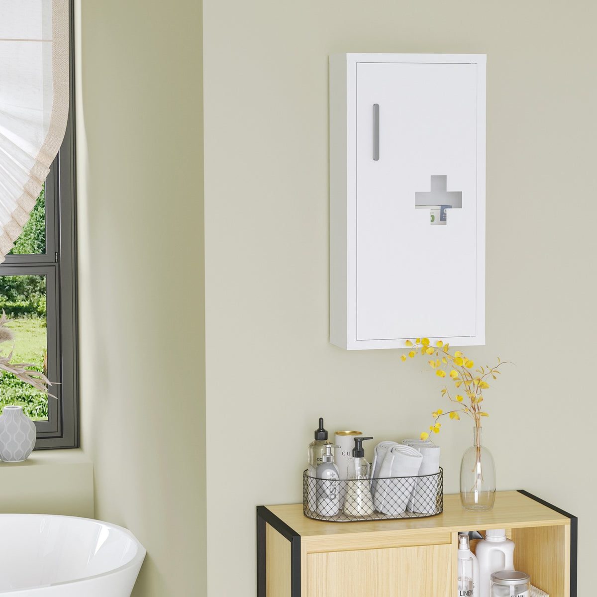 Medicine Cabinet First Aid Cabinet In White With 3 Inner Compartments & Magnetic Closure, For Medication, 40X15X53.5 Cm