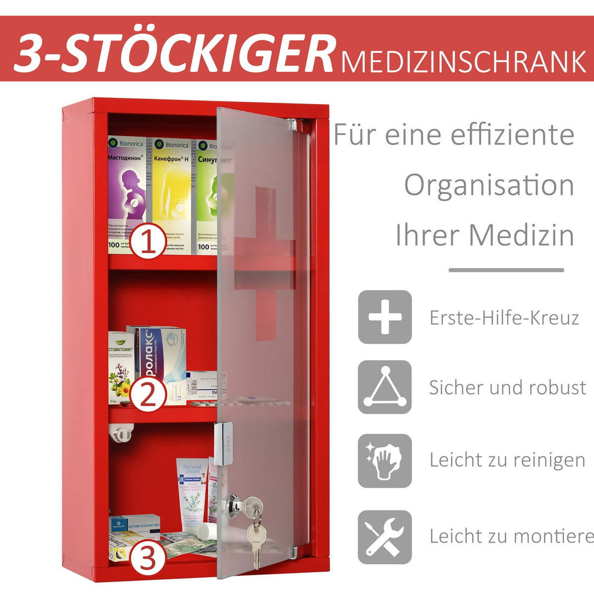 Medicine Cabinet Medicine Cabinet First Aid Cabinet With Lock 3 Compartments Metal Red 25 X 12 X 48 Cm