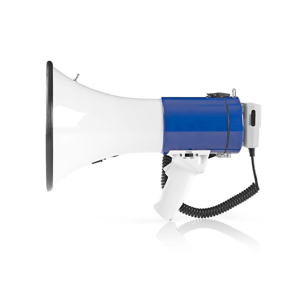 Megaphone | Maximum range: 1500 m | Maximum volume control: 135 dB | Detachable microphone | Built-in siren | Shoulder strap | Blue / White